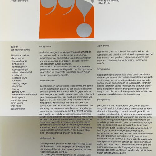 VISUELLE POESIE: IDEOGRAMME, KONSTELLATIONEN, DIALEKTGEDICHTE, PALINDROME, TYPOGRAMME, PICTOGRAMME.  1972.