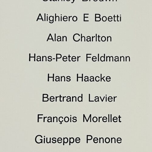 STANLEY BROUWN ALIGHIERO E BOETTI ALAN CHARLTON HANS-PETER FELDMANN HANS HAACKE BERTRAND LAVIER FRANCOISE MORELLET GIUSEPPE PENONE DAVID TREMLETT CAREL VISSER. 1987.