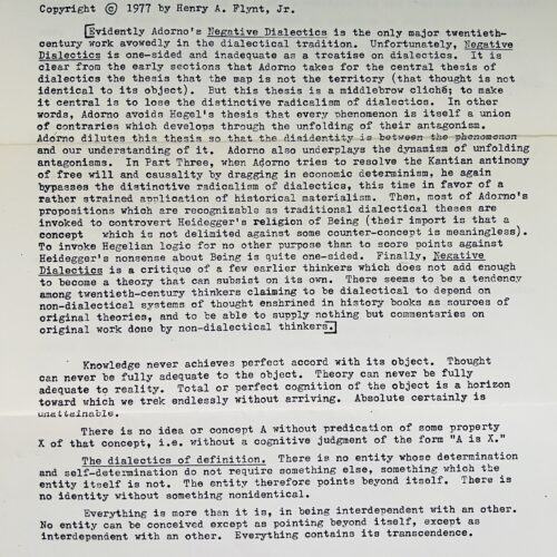 A SCHEMATIZED SUMMARY OF ADORNO'S DIALECTICAL LOGIC. 1977.