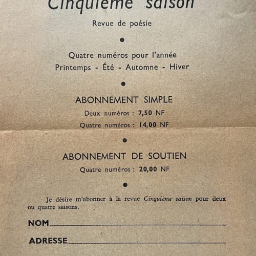 BULLETIN D'ABONNEMENT. CINQUIEME SAISON. c. 1959.