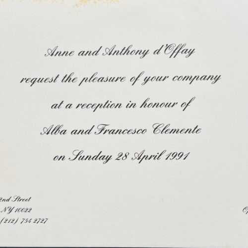 INVITATION TO A RECEPTION IN HONOUR OF ALBA AND FRANCESCO CLEMENTE. 1991.