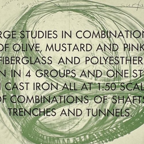 LARGE STUDIES IN COMBINATIONS OF OLIVE, MUSTARD AND PINK FIBERGLASS AND POLYESTER RESIN IN 4 GROUPS AND ONE SIUDY IN CAST IRON ALL AT 1.50 SCALE OF COMBINATIONS OF SHAFTS TRENCHES AND TUNNELS. 1978.